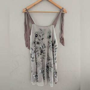 Ceilonia Taupe Embroidered Silk Mini Formal Event Dress Size S